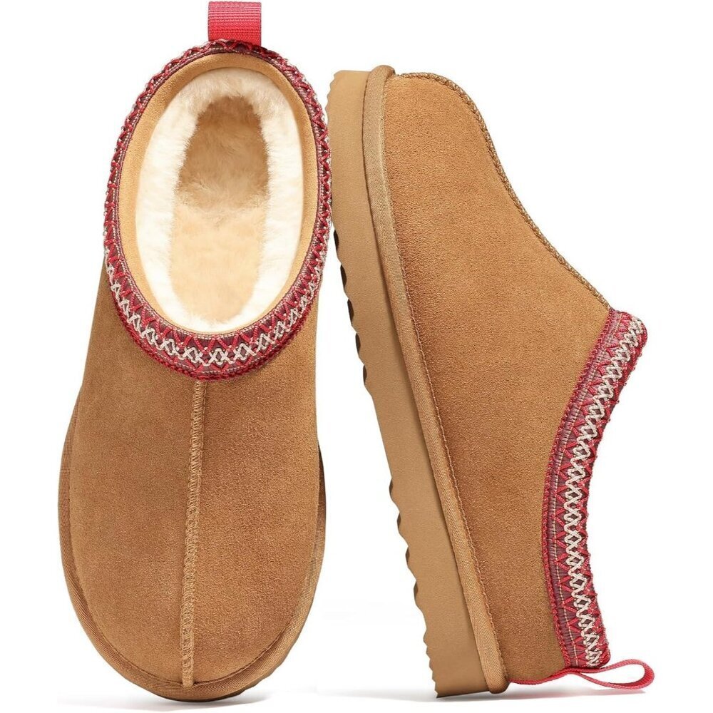 Women's Brown Suede Fuzzy Slippers for Winter Warm House Shoes Cozy Boots
